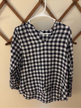 Old Navy Navy Blue & White Check Plaid V-Neck Blouse